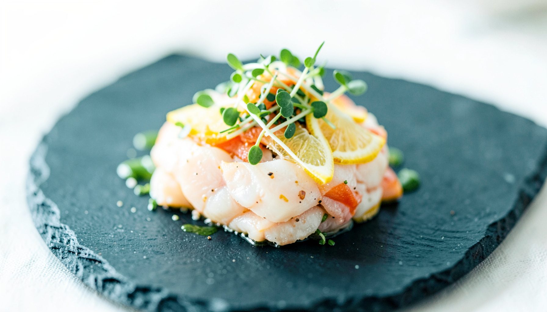 Warm-toned close-up of a seasonal seafood appetizer with microgreens and citrus accents on a dark slate plate