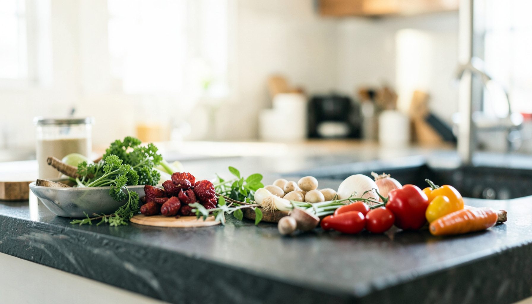 Softly lit chef's counter with fresh seasonal ingredients arranged on dark stone, warm amber and ivory tones