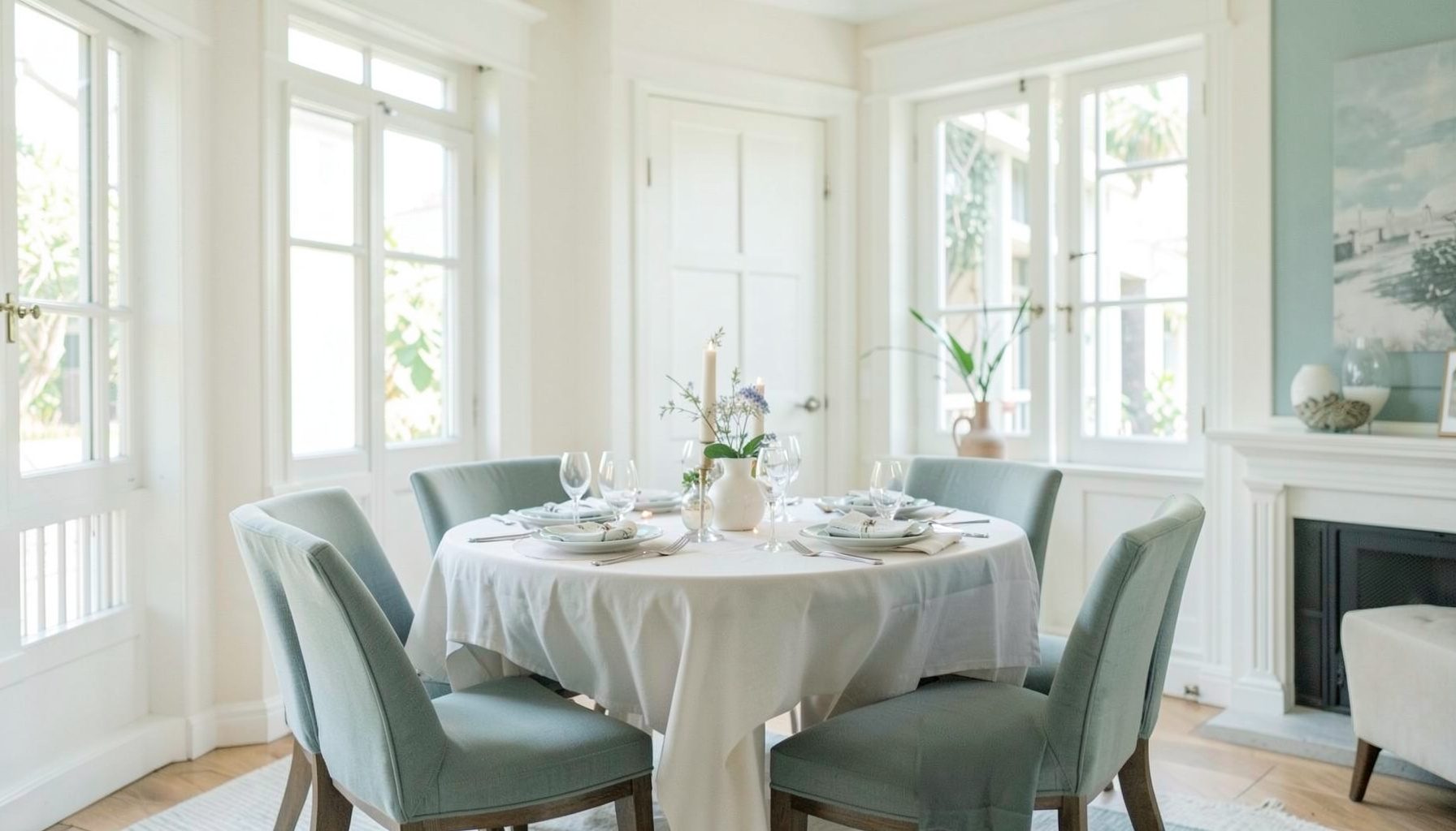 Bright, airy private dining room in a heritage shophouse with soft natural light, neutral tones, and refined table settings